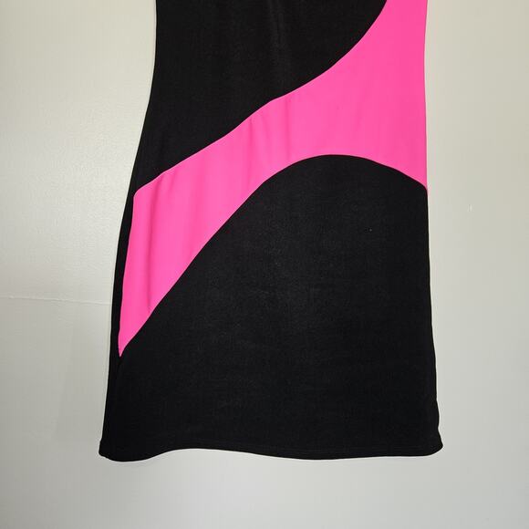 Vtg Y2K 90s Deb Mini Dress Size L One Shoulder Pink Black Bodycon Party HOCO - Picture 3 of 9